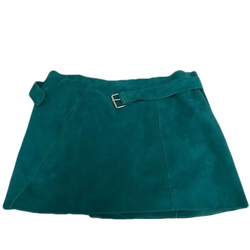 MAJE  Suede Emerald Green Teal Buckle Wrap Mini Skirt NWOT